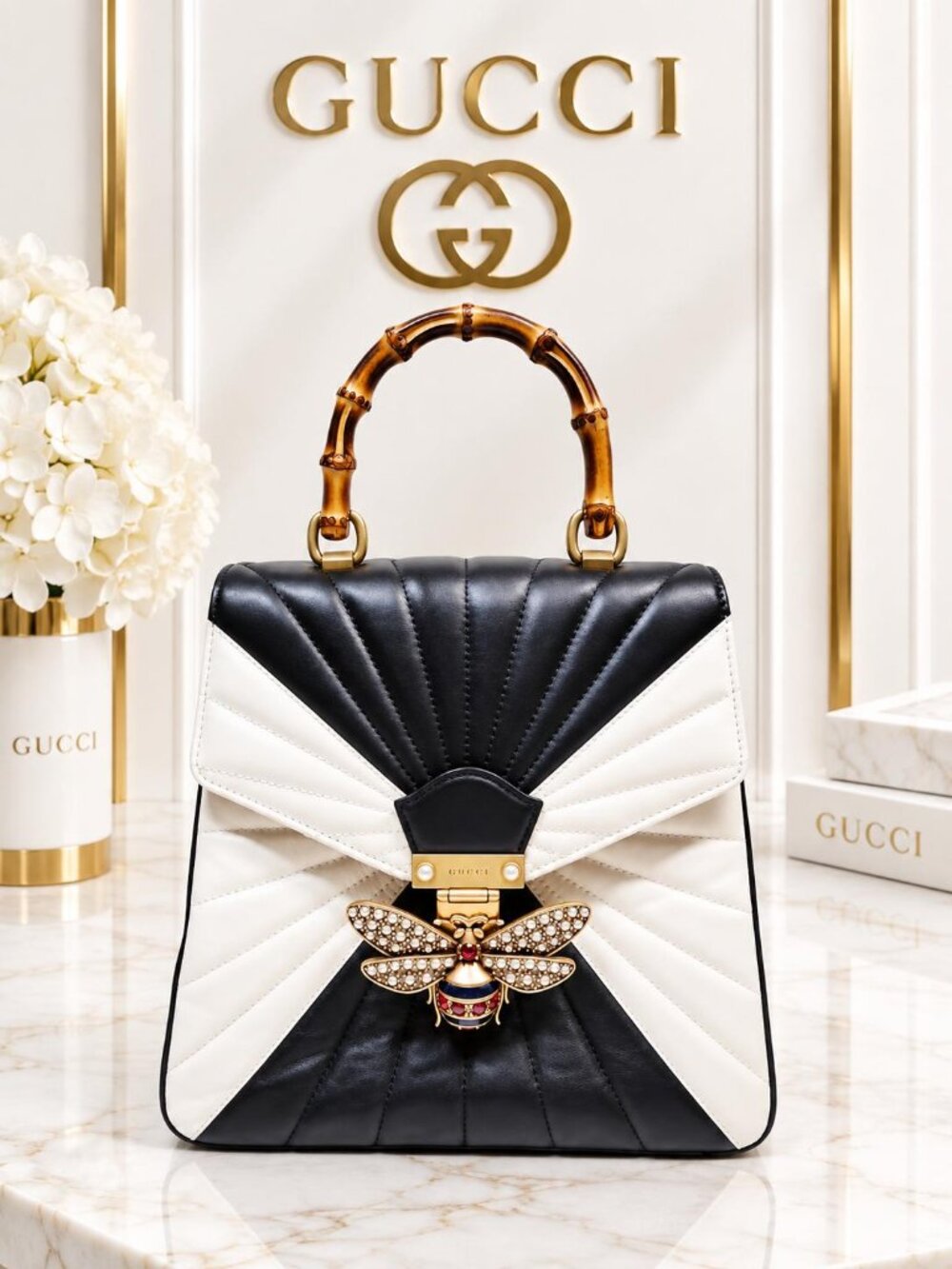 Authentic Gucci Queen Margaret Bamboo Handle Bee Bag Black White Leather Luxury